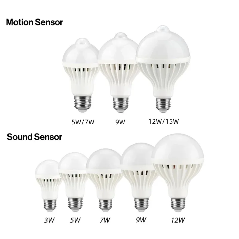 LED Bulb Motion Sensor Lamp 220V Led Bulb 3W 5W 7W 9W 12W E27 Sound+Light Smart Led Infrared Body Lamp With Motion Sensor Lights