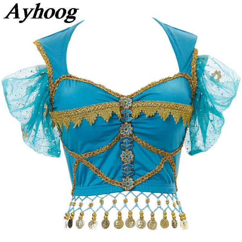 قمصان الأميرة المطرزة على طراز كورتلي للرقص العربي للبالغين، بلوزة أميرة بوليوود الياسمين مع عملات ذهبية للرقص الشرقي