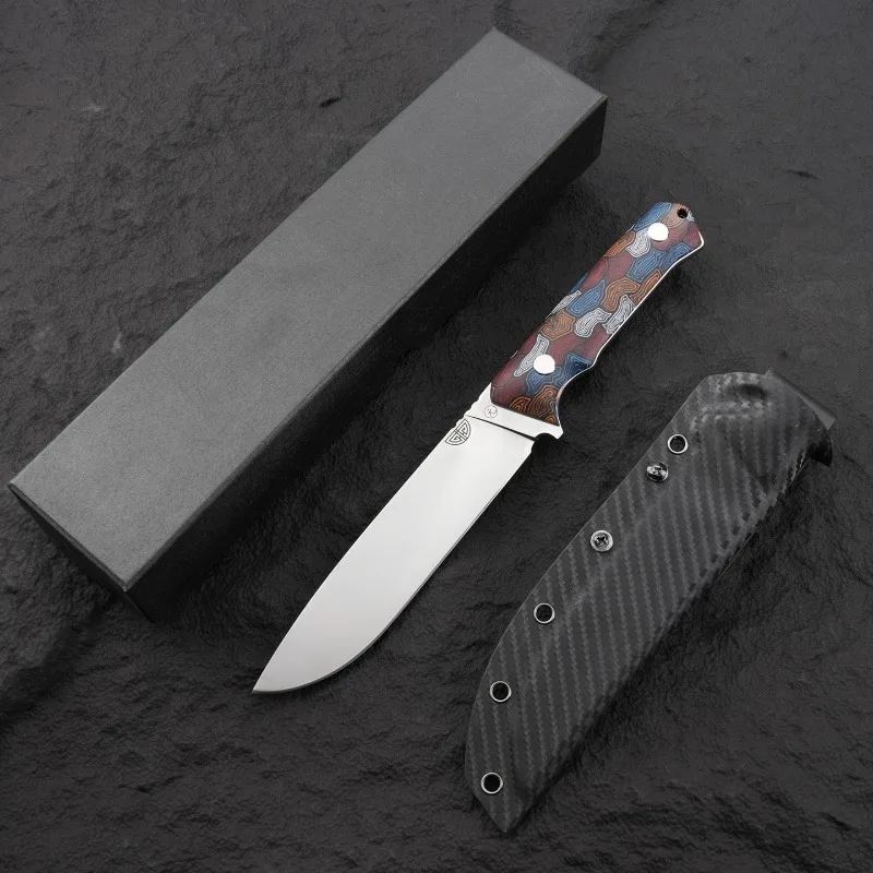 SKH-9 Mirror Light Straight Knife Outdoor Camping Integrated Dragon Bone Knife G10 Handle Carbon Fiber Pattern+K Sheath