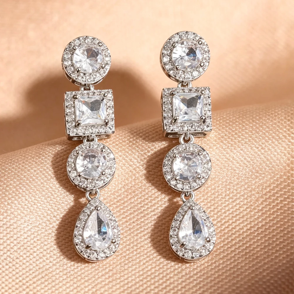 ZAKOL Luxuriöse Elegante Mehrfach-Form Zirkon Lange Hängeohrringe für Damen Rund Quadratisch Tropfenförmig CZ Ohrschmuck Geschenk – Detail 3
