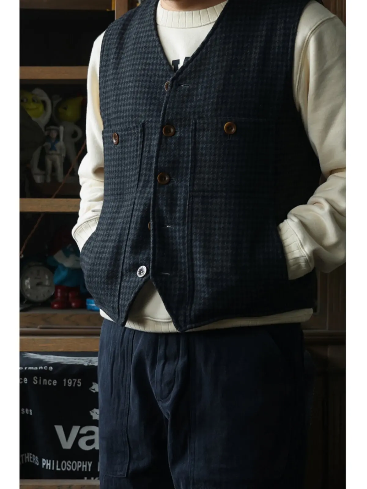 

Secondorder FW24 Vintage Wool Work Vest Classic Houndstooth Pattern Workwear Waistcoat