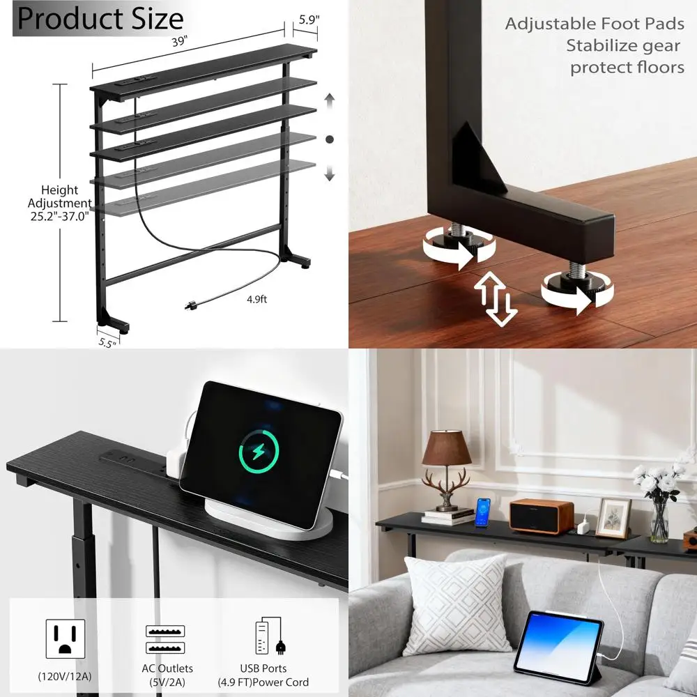 

Узкий диван-стол с регулируемой высотой и розеткой, 25-37, для прихожей в гостиной, черный