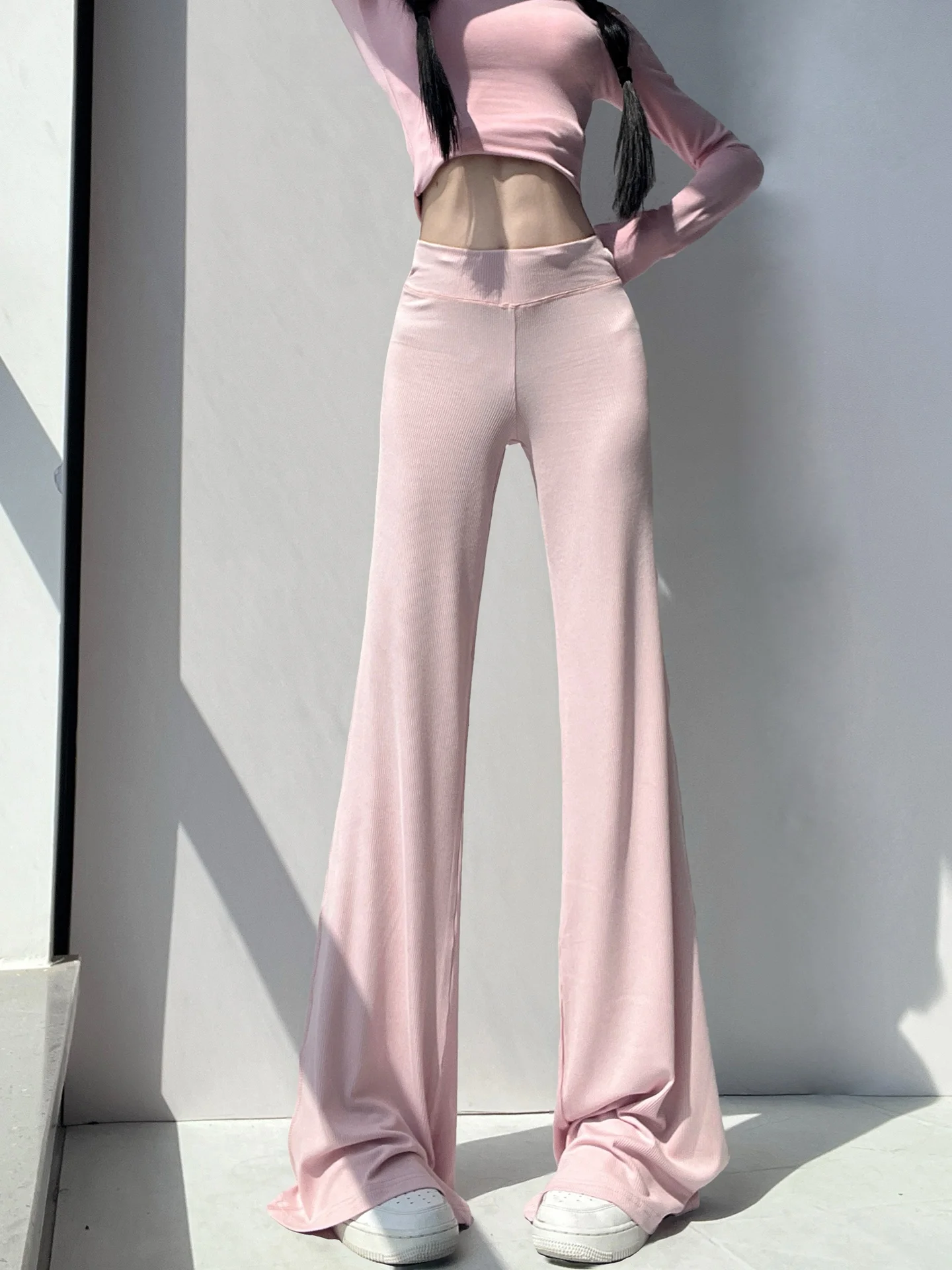 High Waist Yoga Pants Women's Slimming Bell Bottoms Elastic Cuffed Casual Trousers Loose Fit Wide Leg Pants Female Model