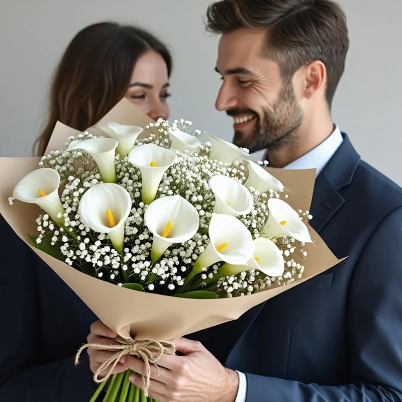 28 Stück Calla-Lilien, künstliche Blumen, Schleierkraut, perfekt für Vasen, Hochzeiten, Heimdekoration, Tischdekoration, Valentinstag, Festgeschenk – Detail 8