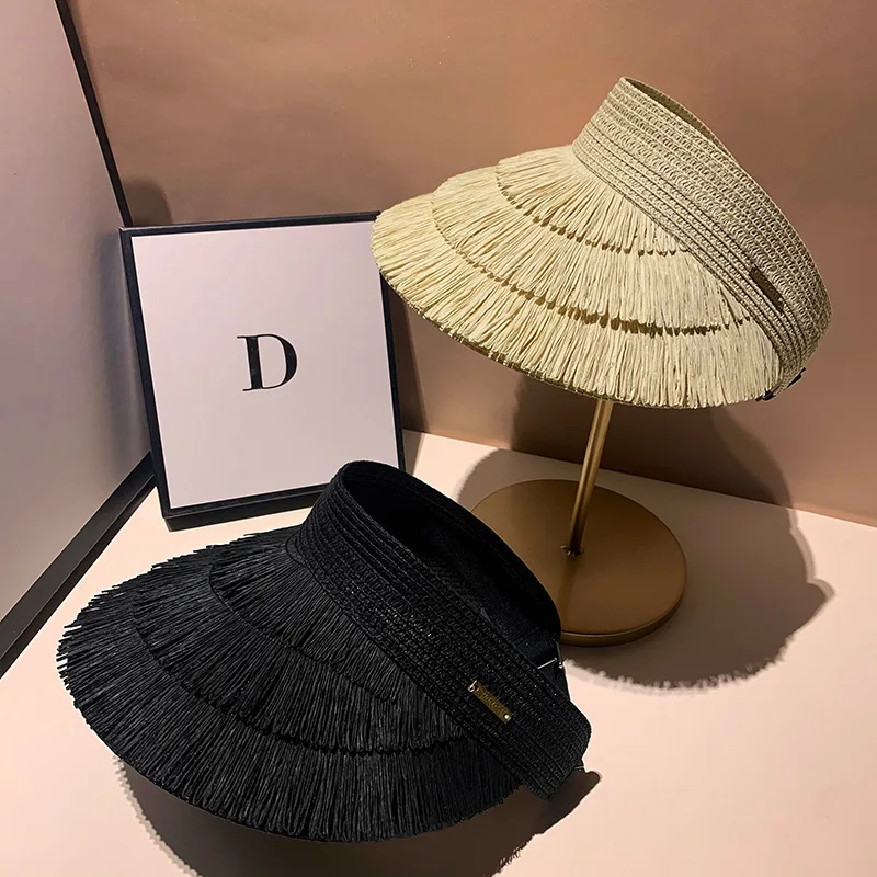 Designer Brand Sunscreen Tassel Straw Hats for Women Summer Empty Top Sun Hat Outdoor Pamama UV Protection Beach Sunshade Cap