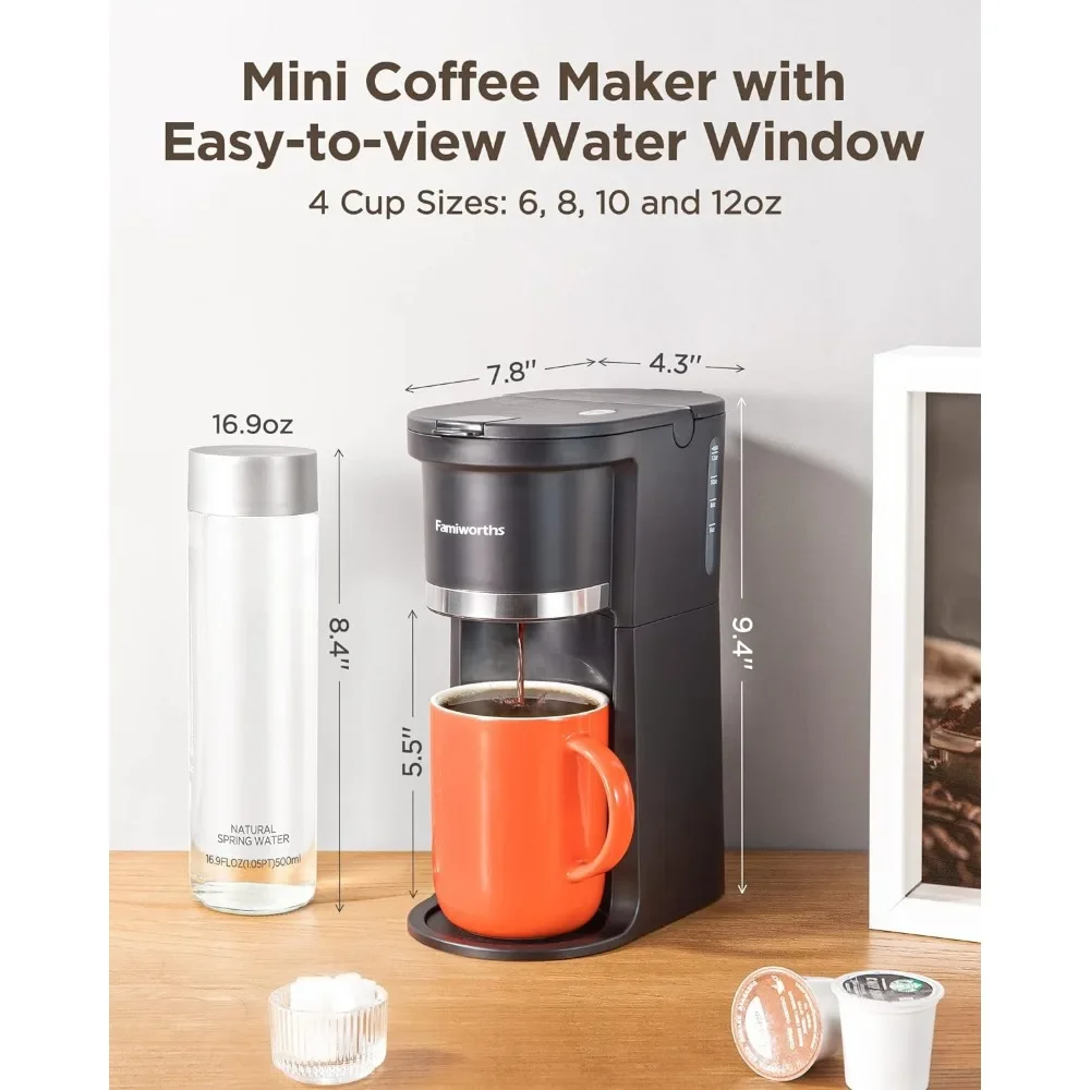 Capsule Coffee Machine Mini Coffee Maker Single Serve, Instant One Cup for K Cup & Ground Coffee, 6 to 12 Oz Brew Sizes,