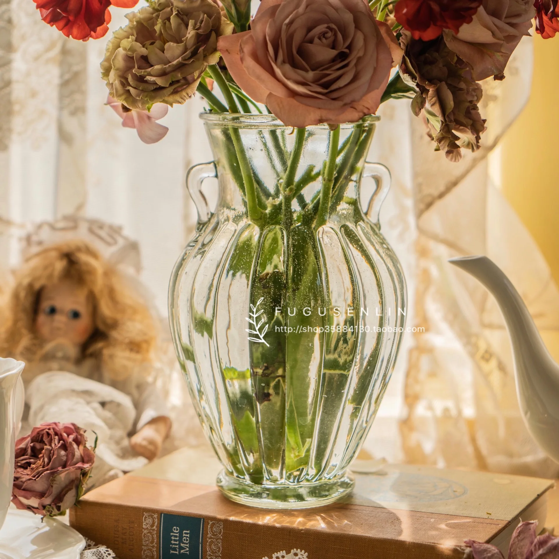 Retro French Double-Handled Pot Shape Transparent Glass Vase