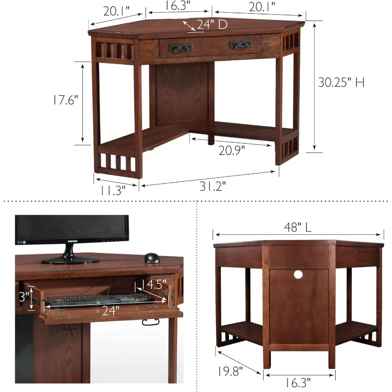 2025 82430 Mission Corner Desk, Writing Computer Desk with Drop Front Keyboard Drawer, for Home Office, Solid Wood, Mission Oak