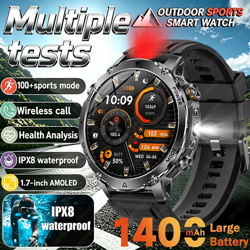 Outdoor Rugged Smartwatch 1400mAh Battery 100+ Sports Modes IPX8 Waterproof Fitness Tracker with Heart Rate Blood Oxygen Monitor