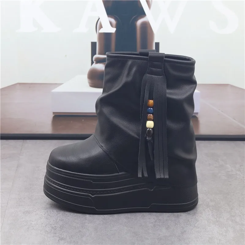 Women White Slouchy Ankle Boots 12cm Hidden Wedge Platform Tassel Fringe Chunky Sole Winter Autumn Fashion Botines