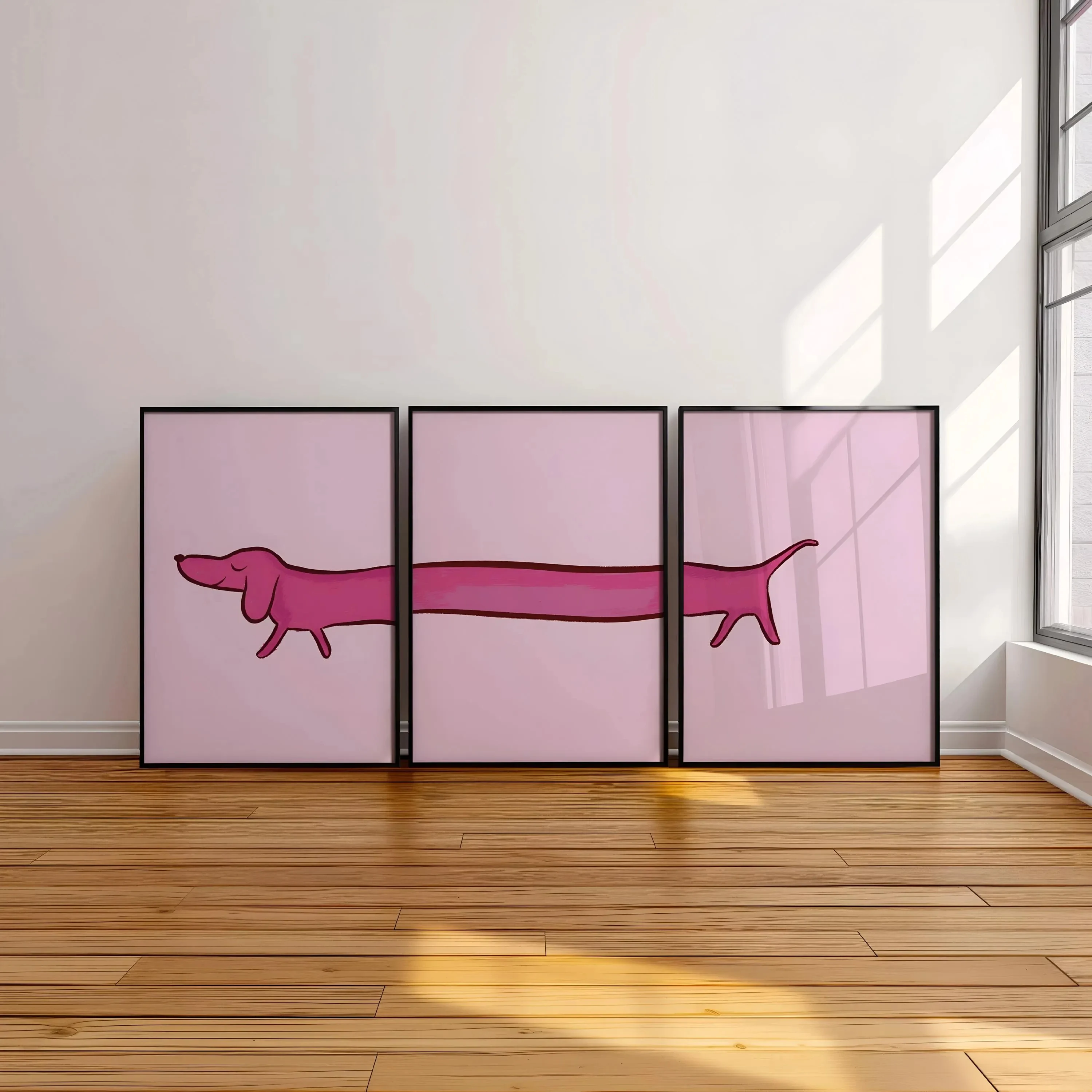 3Pcs Funny Pink Dachshund Wall Art, Minimalist Cartoon Sausage Dog Split Canvas Prints, Cute Whimsical Pastel Pet Wall Arts
