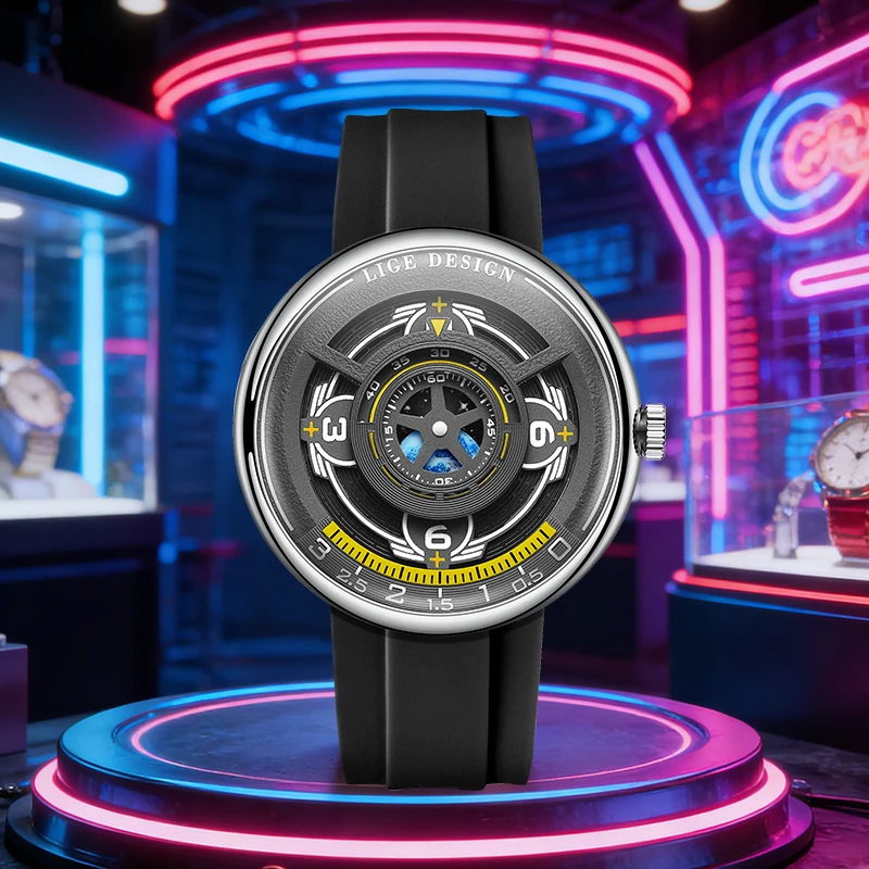 

LIGE Unique Creative Design Quartz Watches for Men Fashion Earth Dial Sports Silicone Strap Waterproof Night Light Man Watch+Box