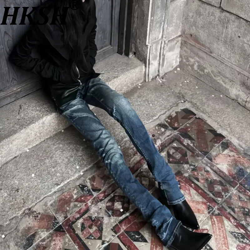 HKSH Spring Autumn New Men Tide Dark Punk Scratched Slim Fit Washed Jeans Low Waist Visual Skinny Y2K Denim Pants Retro HK26968