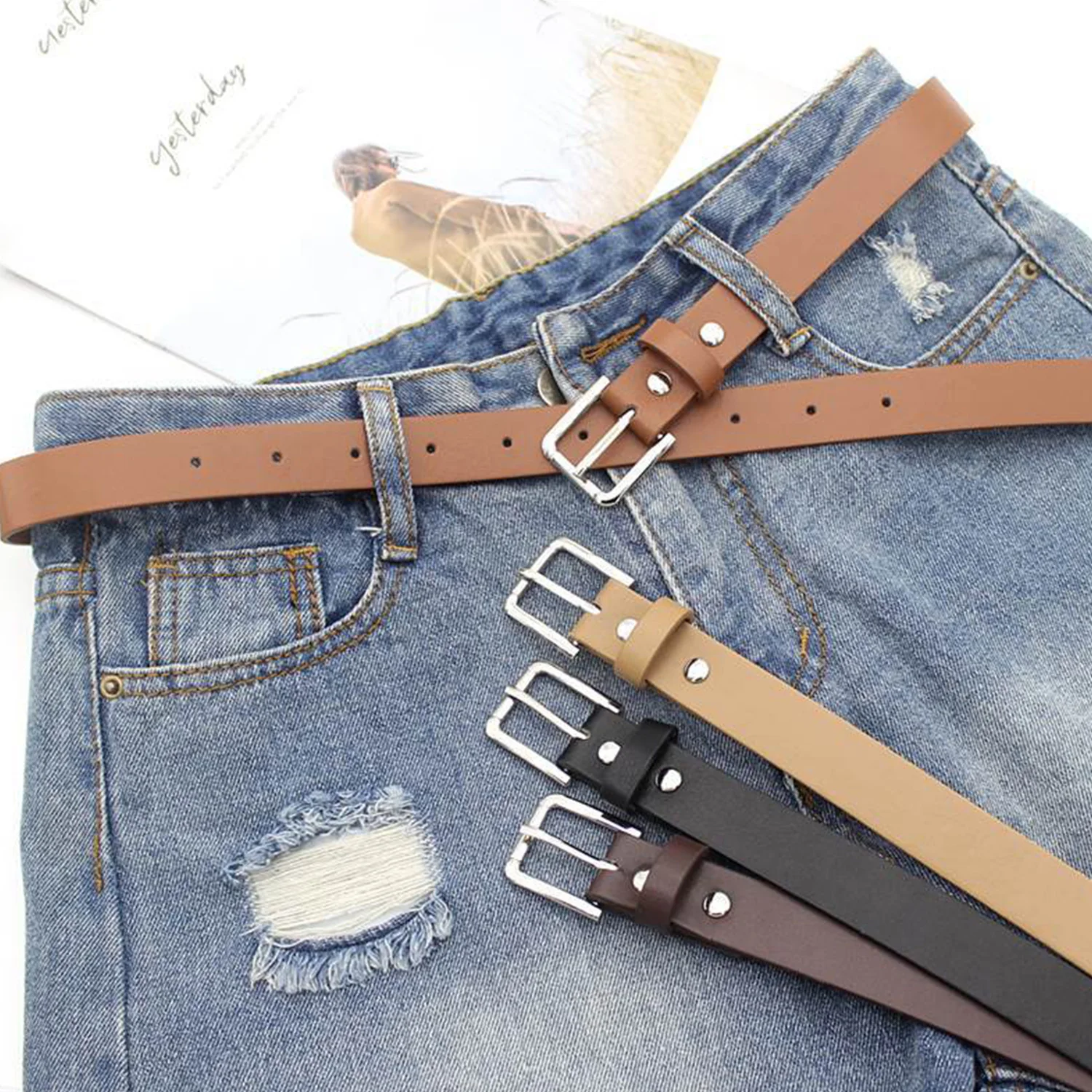 1Pc New Women Girls 2.3cm 105cm Trouser Belt Solid Color Casual Ladies Belt PU Leather Fashion Wide Belt Classic Vintage Waist