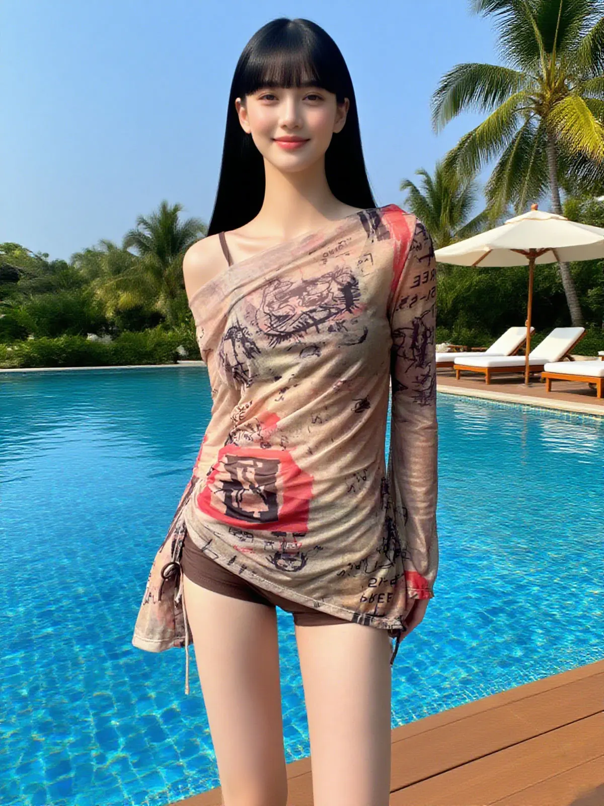 sexy Kpop conservative print bikinis sets three pieces coffee bikini shorts with drawstring long sleeve smock swimsuit biquini