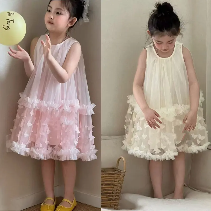 2026 New Summer Baby Girl's 3D Butterfly Netting Dress Sleeveless Puff Skirt Princess Dress for Kids