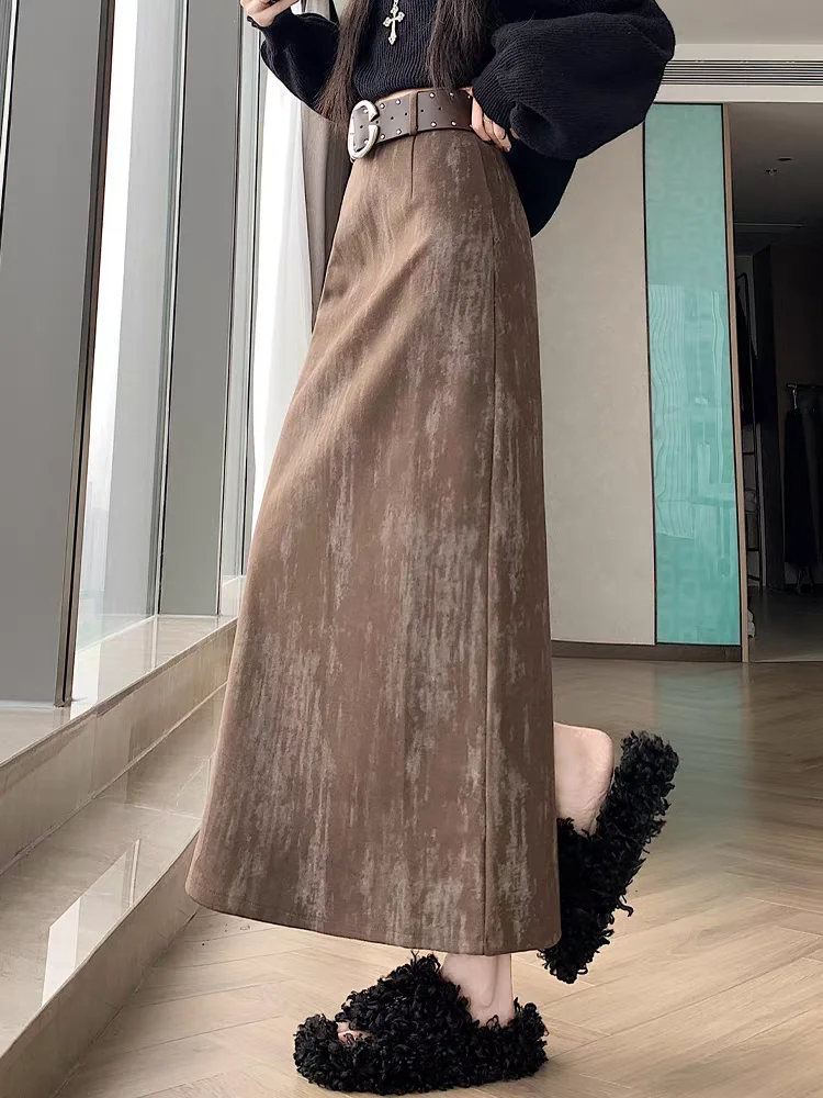 Gonna tubino in velluto tie-dye con gonne midi a trapezio a vita alta con spacco alto per donna, elegante gonna aderente autunno inverno