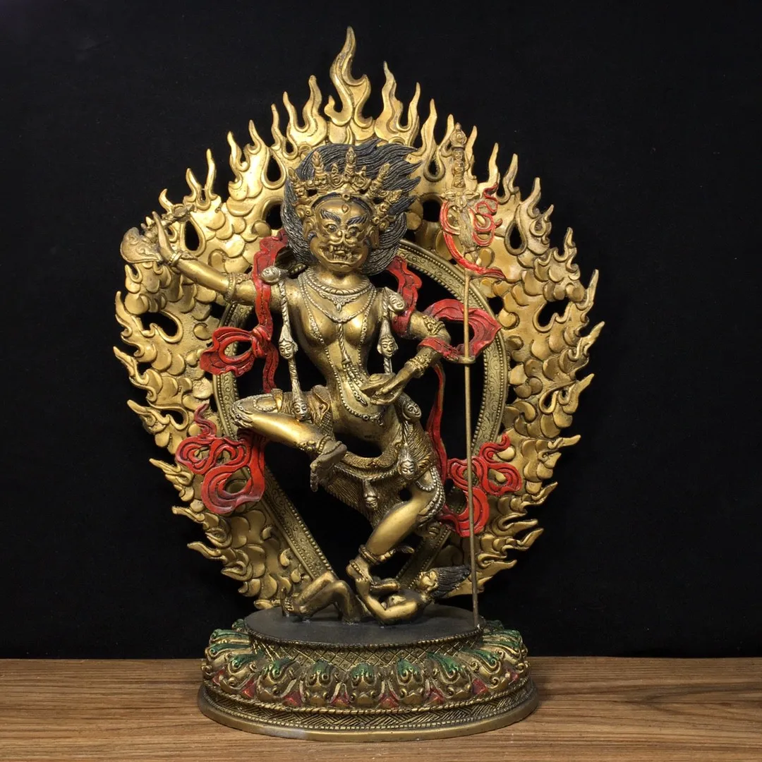 Tibetan Old Bronze Buddha Pure Copper Gilded and Colored Painting of Avalokitesvara and Tara Statue of Naluo Kong Xing Buddha, H