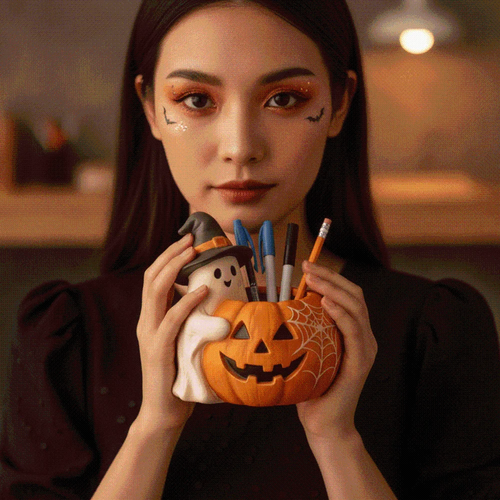 Orange Ghost Pumpkin Pen Holder Compact Molded Spooky Pencil Cup Sturdy Flat-Base Resin Desktop Organizer Party