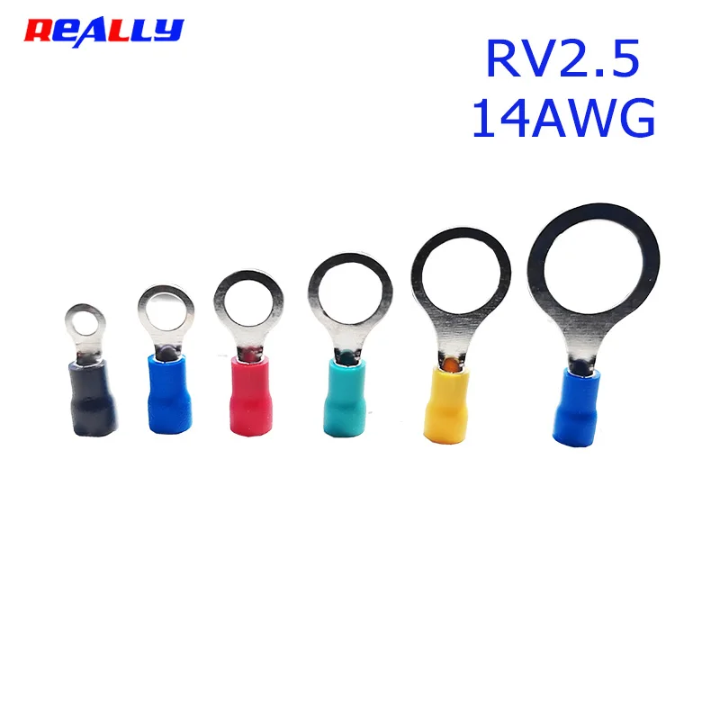 100/50Pcs RV2mm² Shovel Type Insulated Wire Connector M3-M12 14AWG 2.5mm² Cold Press Cable Terminal Red Yellow Green Blue Black