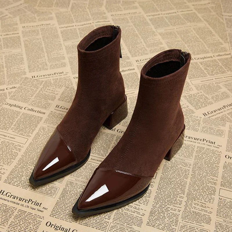 

New High Heels Pointed Toe Women Ankle Boots Sexy Winter Shoes 2025 Luxury Brand Pumps Chunky Chelsea Boots Zip Mujer Snow Botas