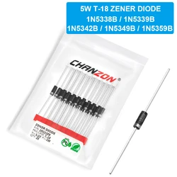 20 unidades/pacote 1N5338B 1N5339B 1N5342B 1N5349B 1N5359B Diodo Zener de potência 5W 5.1V 5.6V 6.8V 12V 24V T-18 CASE17-02 Axial 5 Watt