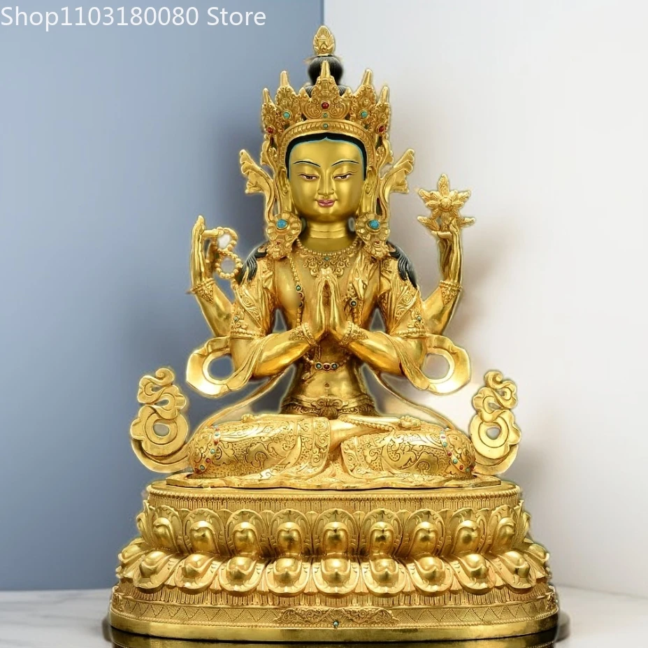 

46cm Copper Brass Gilding Four-arm Guanyin buddha statue Tibet buddhism goddess statue sculpture Large size For temple home