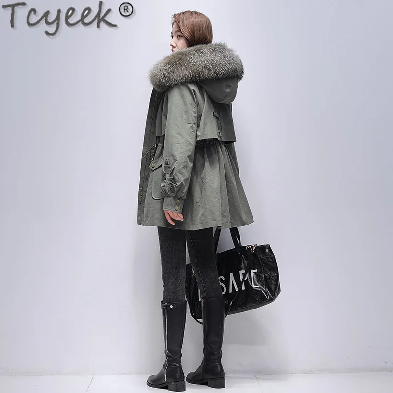 Tcyeek-Chaqueta desmontable con forro de piel de conejo Rex para mujer, Parka media-larga, ropa de invierno para mujer, Cuello de piel de mapache cálido, elegante, 2023