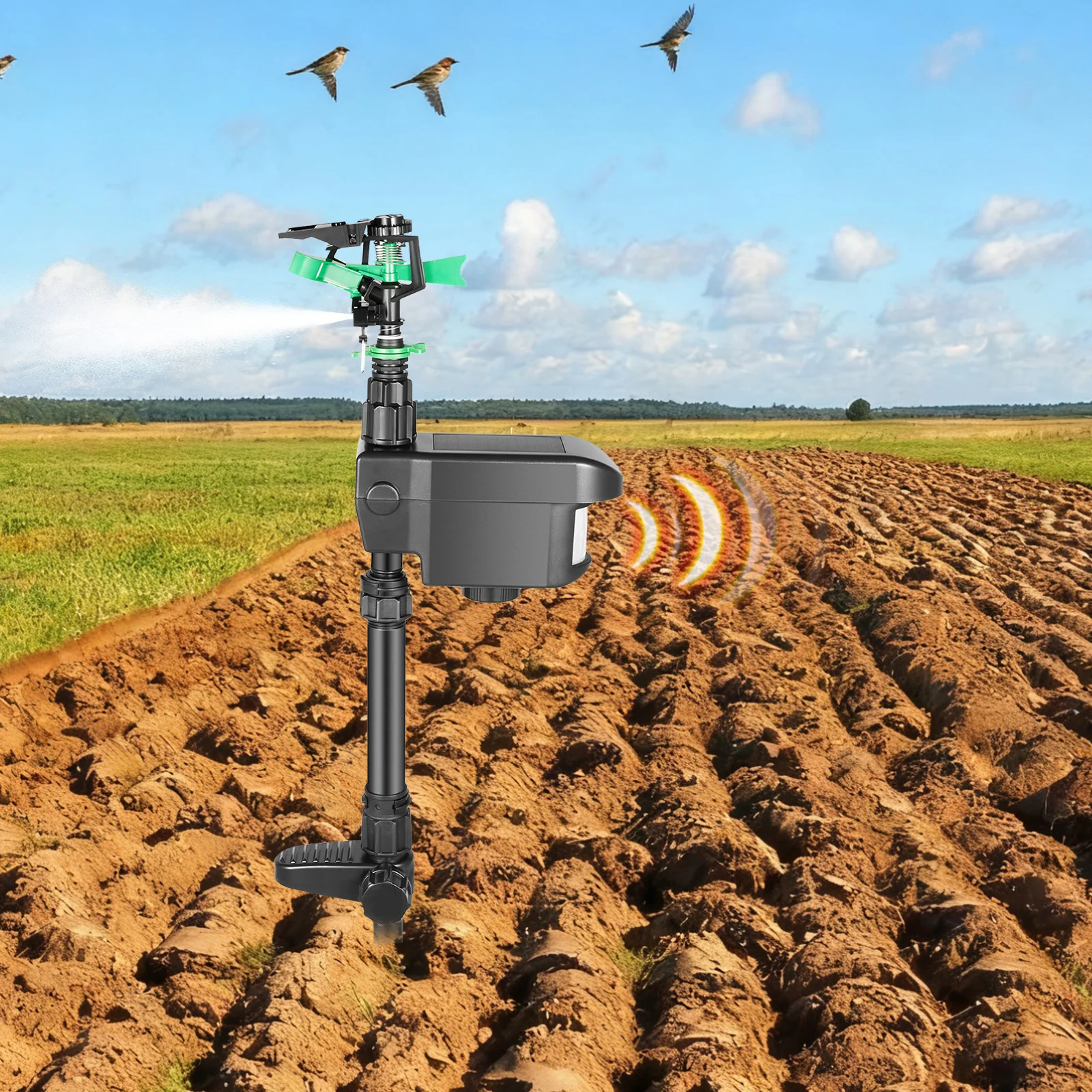 Motion-Activated Sprinkler, Solar Animal Repellent Sprinkler, Solar Powered Water Sprinkler for Critters, Outdoor Garden Protector, ABS Black, 270° Spray Angle, Sensing Range 10m, Adjustable, IPX4 Waterproof, Lawns, Farmlands, Orchards, Battery Powered