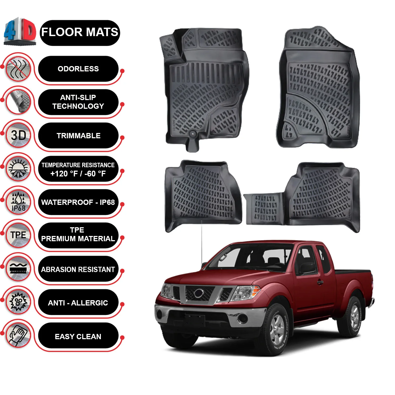 

Коврики для Nissan Frontier-(2005-2013), водонепроницаемые, 3D-(черные)