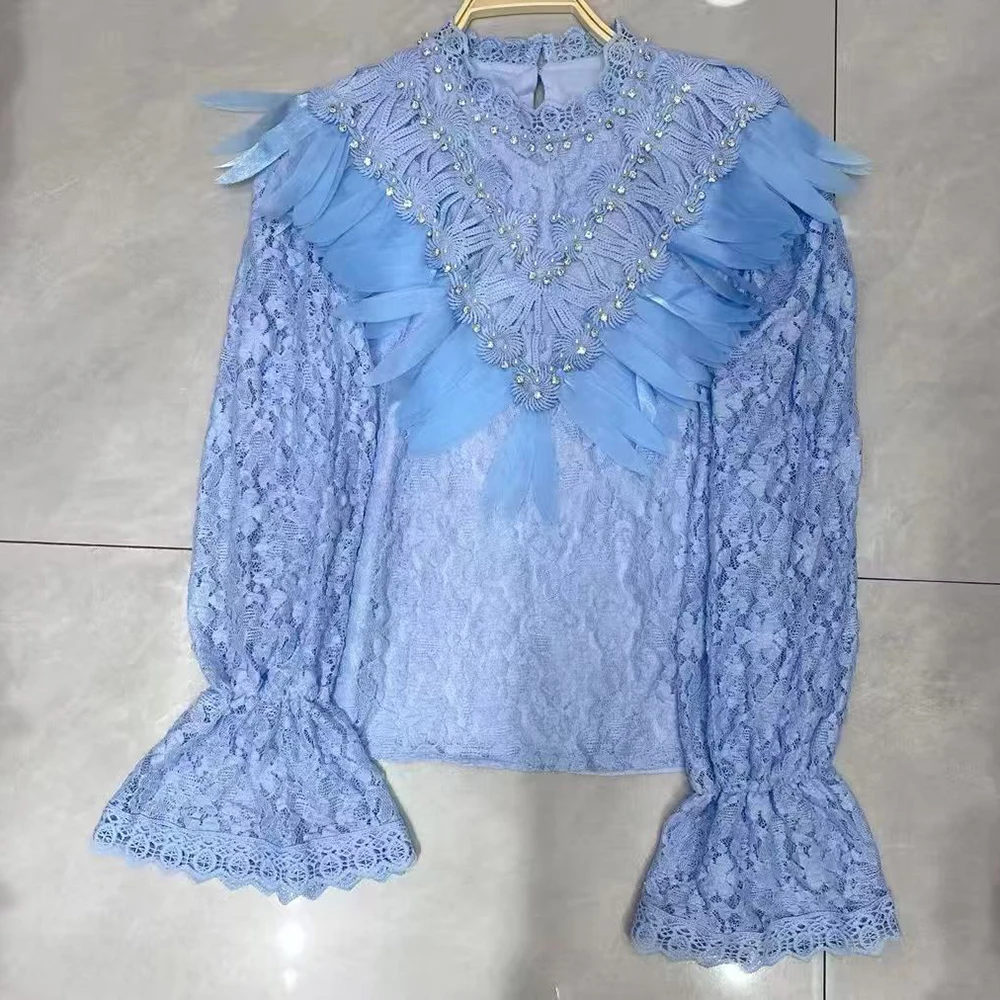 بلوزات TWOTWINSTYLE متينة من الدانتيل والماس للنساء برقبة دائرية وأكمام طويلة قمصان ربيعية أنيقة طراز أنثى KBL553148 #2