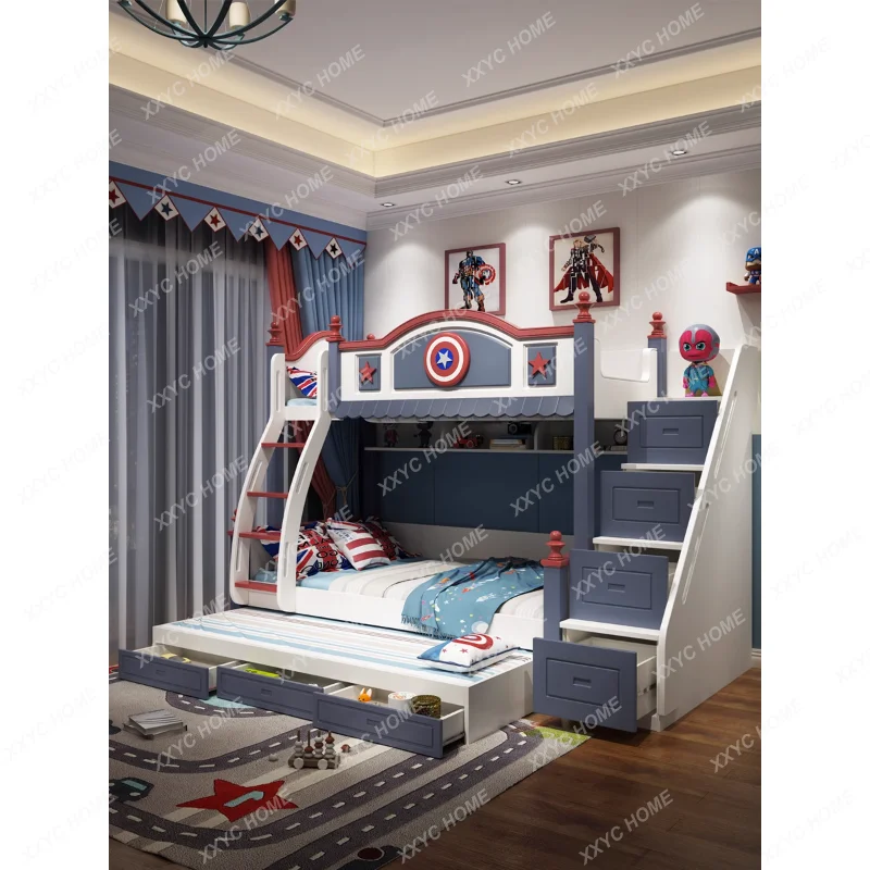 Children's Bed Boy Upper and Lower Bed Solid Wood Two-Layer Bed Belt Slide Split Height-Adjustable Bed Bunk Bed Double