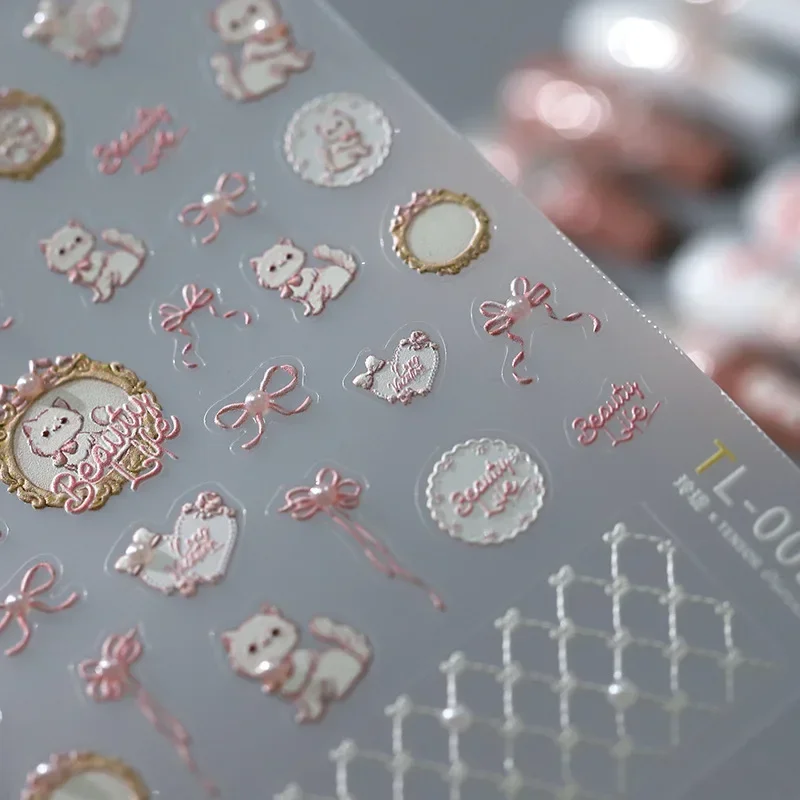 5D 진주 만화 절묘한 카트 활 네일 아트 스티커, 카와이 일본 핑크 리본 장식, 네일 데칼, DIY 액세서리, 1 개