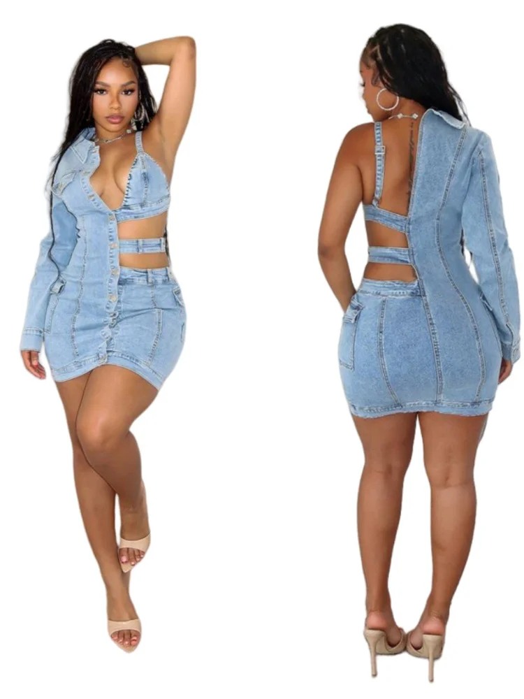 Weird Puss Denim Hollow Irregular Dress Women Summer Fashion Sexy Button Lace-Up Backless Single Sleeve Stretch Tight Clubwear