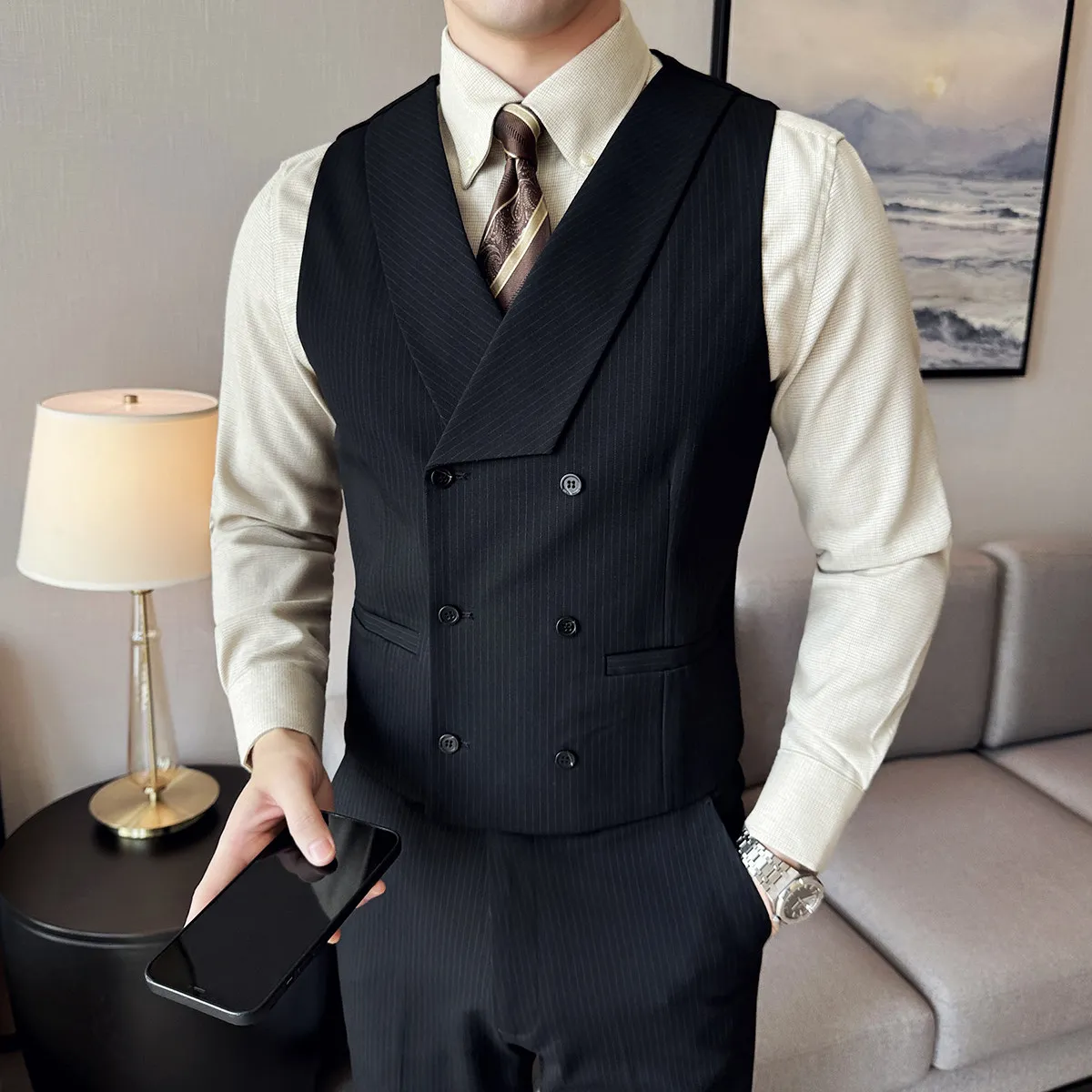 ( Vest + Pants) Fashion Double Breasted Striped Suit Vest With Pants Autumn New Men's Business Casual Wedding Dress Vest 2 Pcs