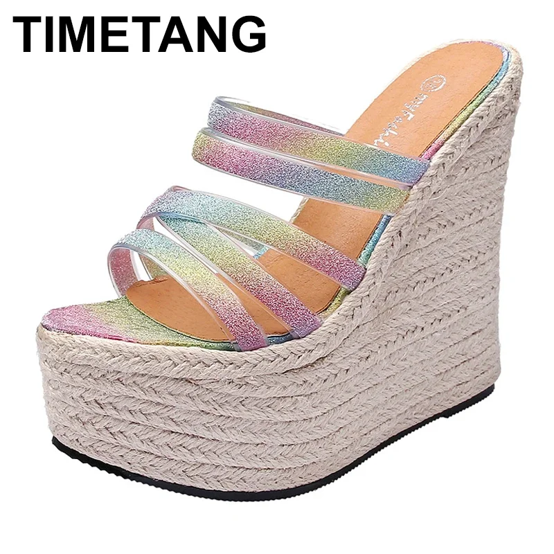 TIMETANGNew Women Pumps Sequin Design Extreme High Heels Casual Wedges Slippers Ladies Braided Hemp Rope Beach Sandals Platform