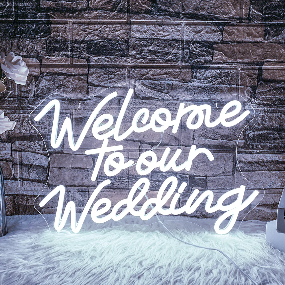 

Welcome To Our Wedding Neon Sighs For Wall Decoration White LED Lights Hanging Indoor Panel Lights Boda Reception Logo Sigh Lamp