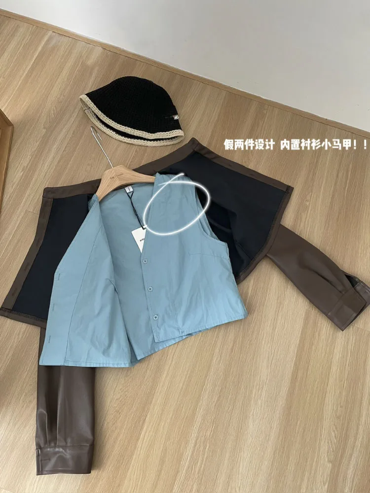 Patchwork Chic kurzen Ledermantel Damen Basic Revers American High Street Retro Mode Tops Damenmode