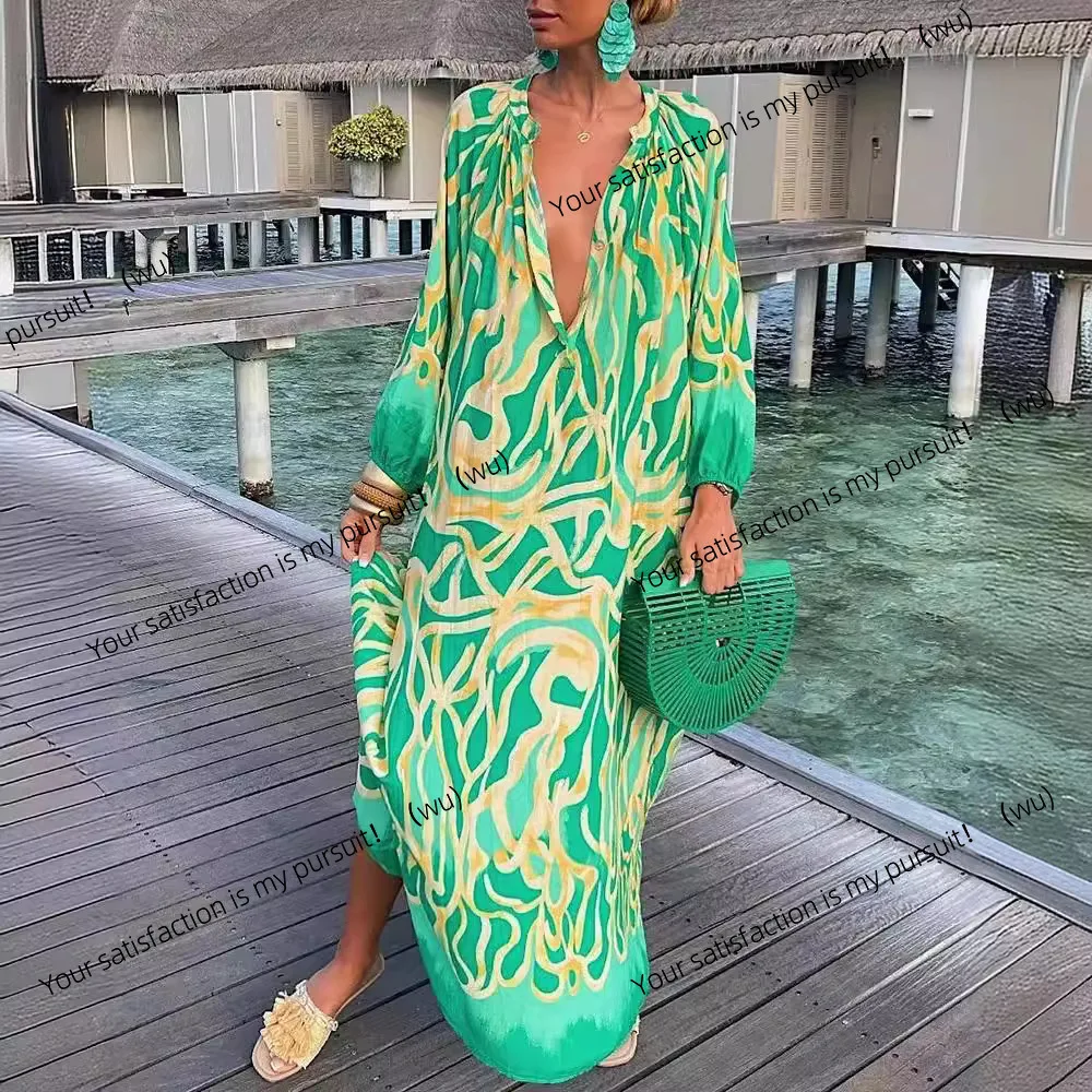 

Осеннее свободное платье с v-образным вырезом и длинными рукавами с принтом, женская одежда