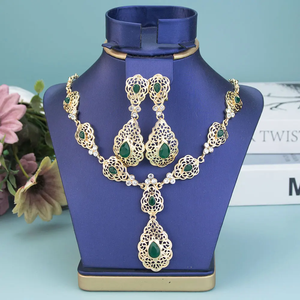 Poyasa Gold Color Moroccan Bridal Jewelry Sets Choker Necklace Drop Earring For Women Crystal Arabic Wedding Bijoux