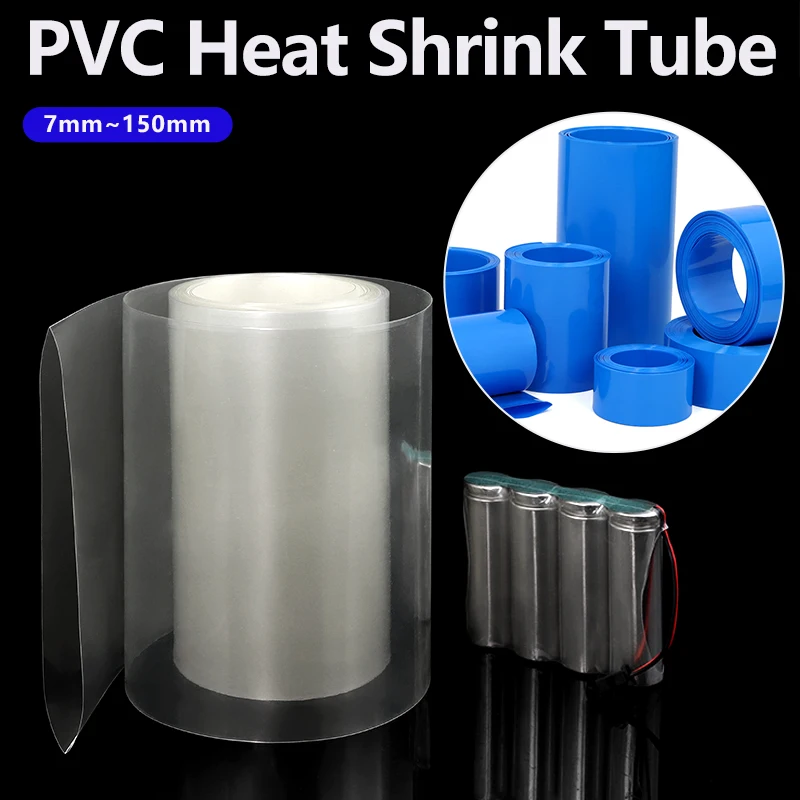 3/5 m transparenter/blauer 7 mm ~ 150 mm PVC-Schrumpfschlauch für 18650 Lithium-Akkupacks, isolierende Folienhülle, Schutzkabelhülle