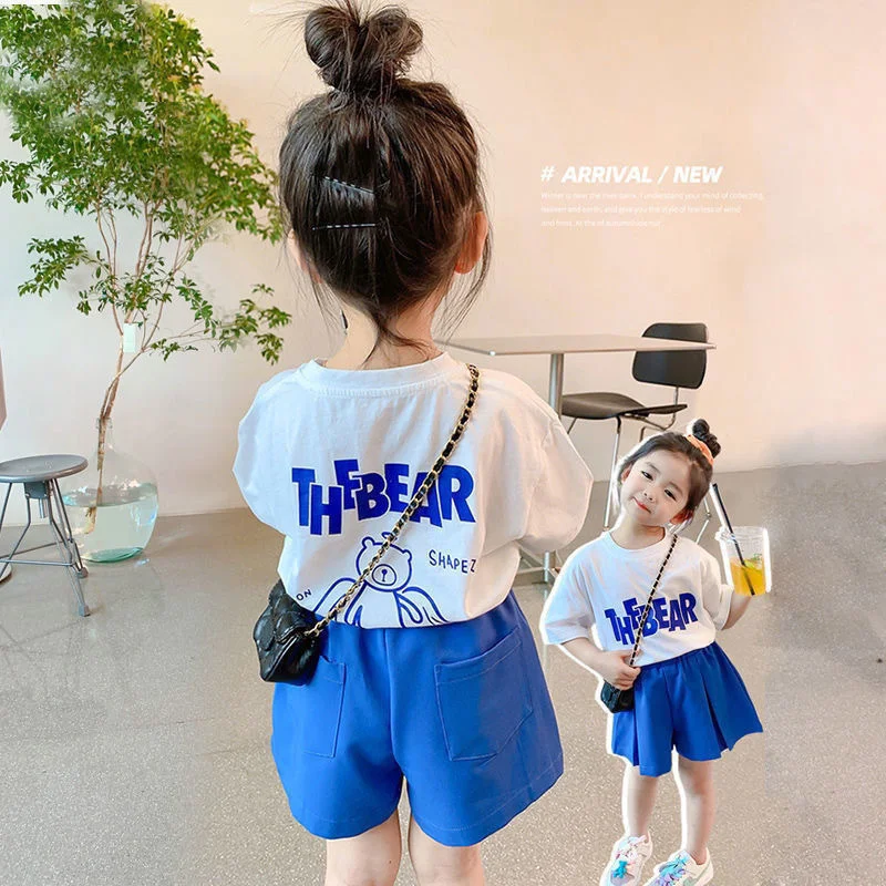 set 2-10 Year Girls clothes letter white girls T-shirt blue Elastic waist girls shorts Summer cute girls outfits Two-piece set