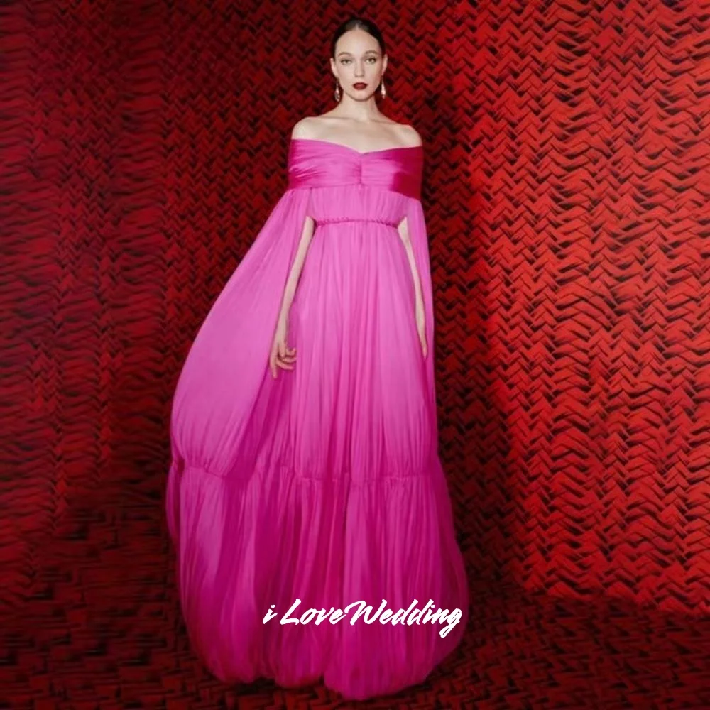 

Fuchsia Strapless Prom Dress Chiffon Off Shoulder Shawl Backless A-Line Floor-Length Formal Gown for Woman Pleat Modern Customiz