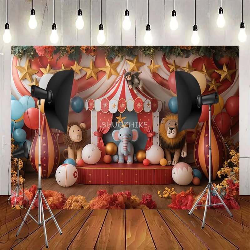 Circus Tent With Striped Canopy Popcorn Photography Backdrops Balloons Birthday Party Decor Animal Photo Studio Background SD-07