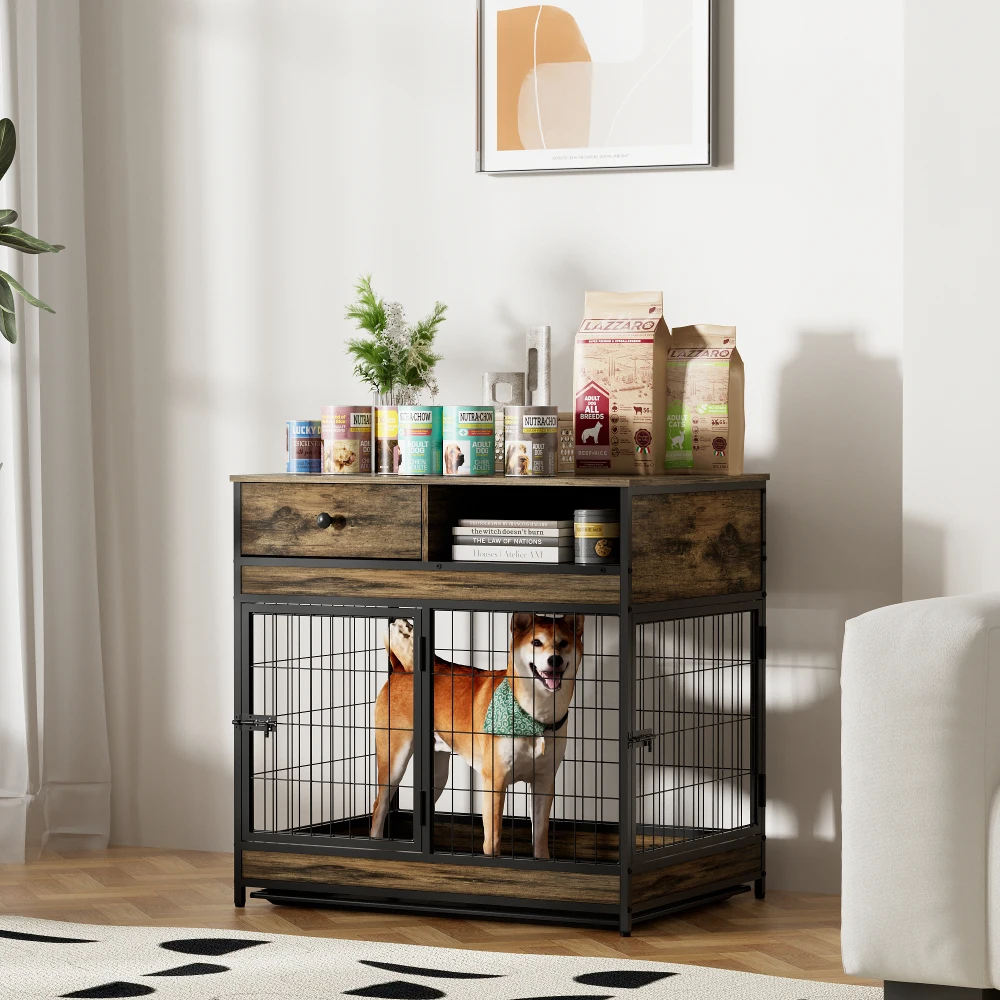 

Furniture Dog Cage Crate with Double Doors Rustic Brown Escape-Proof Double Door Kennel with 360°Lockable 31.5"WX22.64"DX30.59"H