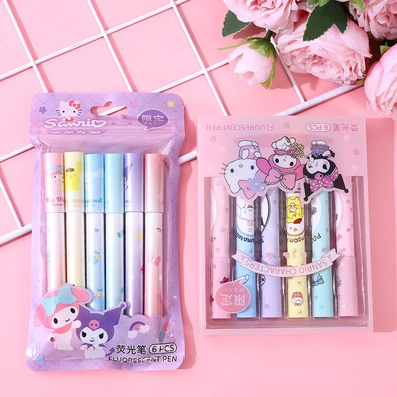 6pcs Kawaii Cartoon Eye Protection Color System Doodle Pen Pupil Diary Label Draw A Picture Paint Double-end Highlighter Pen Set