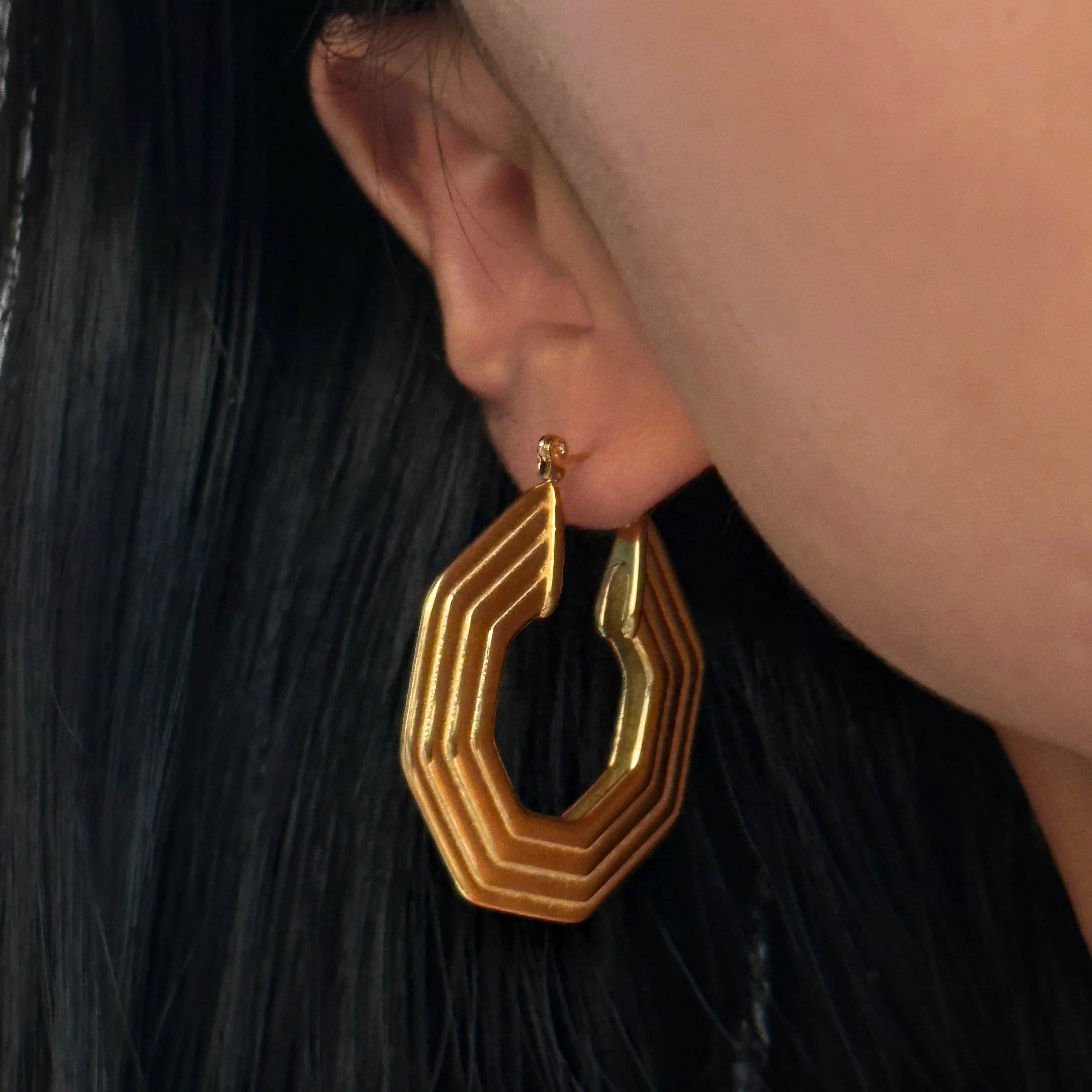 

DASEIN Summer New Vintage Octagon Fan Pleated Hoop Earrings 18k Gold Plated Unique Hypoallergenic Stainless Steel Women Jewelry