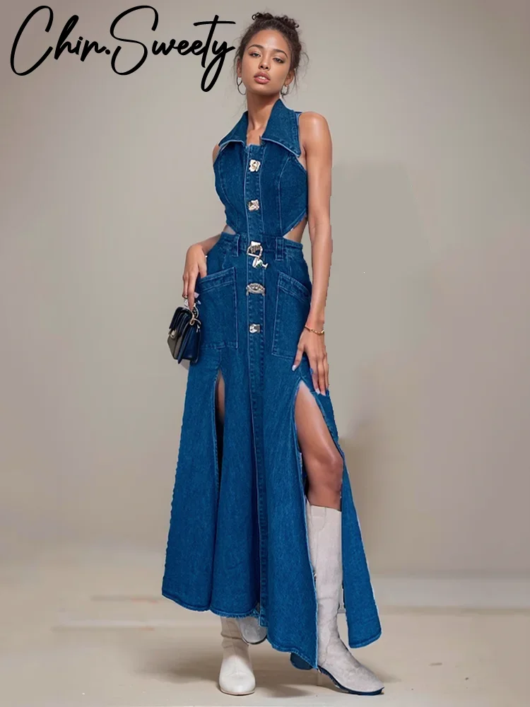 Sexy Denim Hollow Out Dress Women Sleeveless Turndown Collar Side Split Long Dresses Female 2025 Summer New Lady Robe