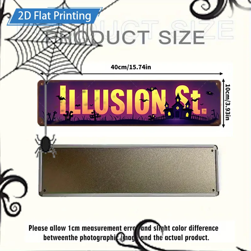 1 قطعة علامة معدنية، 4 × 16 بوصة لافتة شارع الوهم للهالوين مع الخفافيش والقرع فن معدني مزخرف