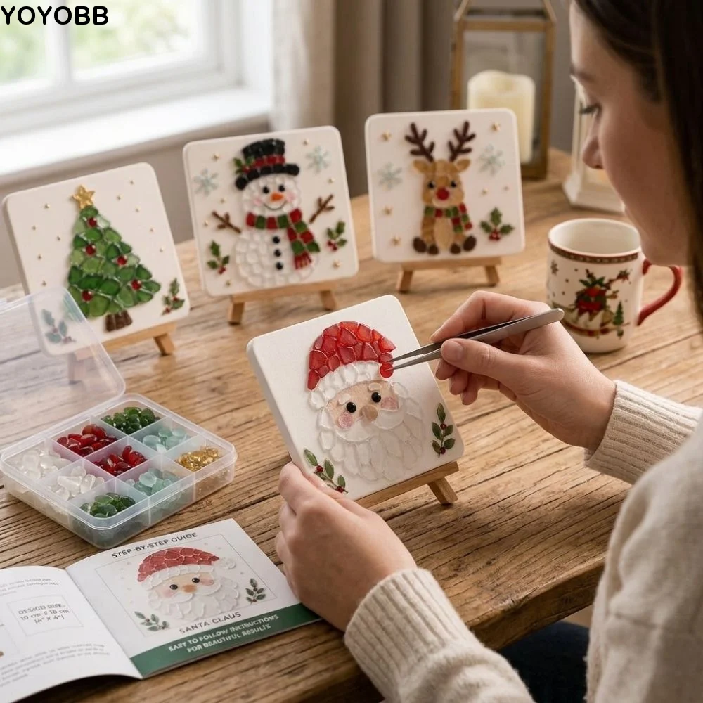 Colorful Glass Pieces Christmas Sea Glass Art Kit Wooden Easel Educational Craft DIY Sea Glass Mosaic Set Family Interactive